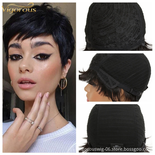 Vigorous Women Human Hair Wig Bob Hair Cut Pixie Side Part Black Fluffy  Human hair Wig Daily Use For Women